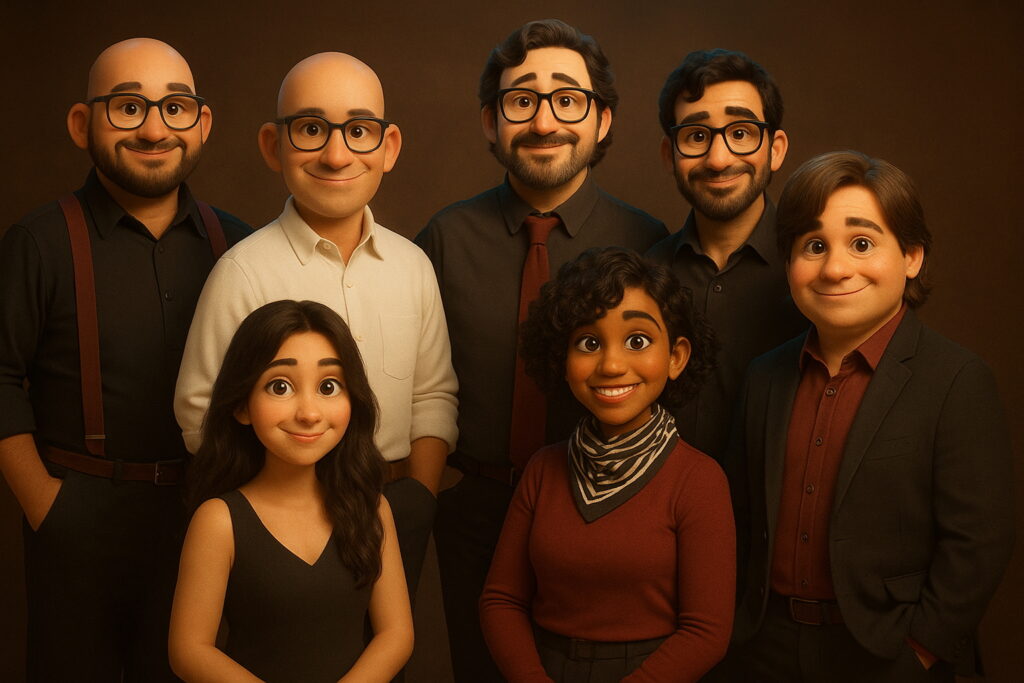 Foto grupal de la banda de una aventura musical llamada Recital de grado, generada con IA (¡no hicimos ninguna foto de grupo!). Adivina quién es quién :)